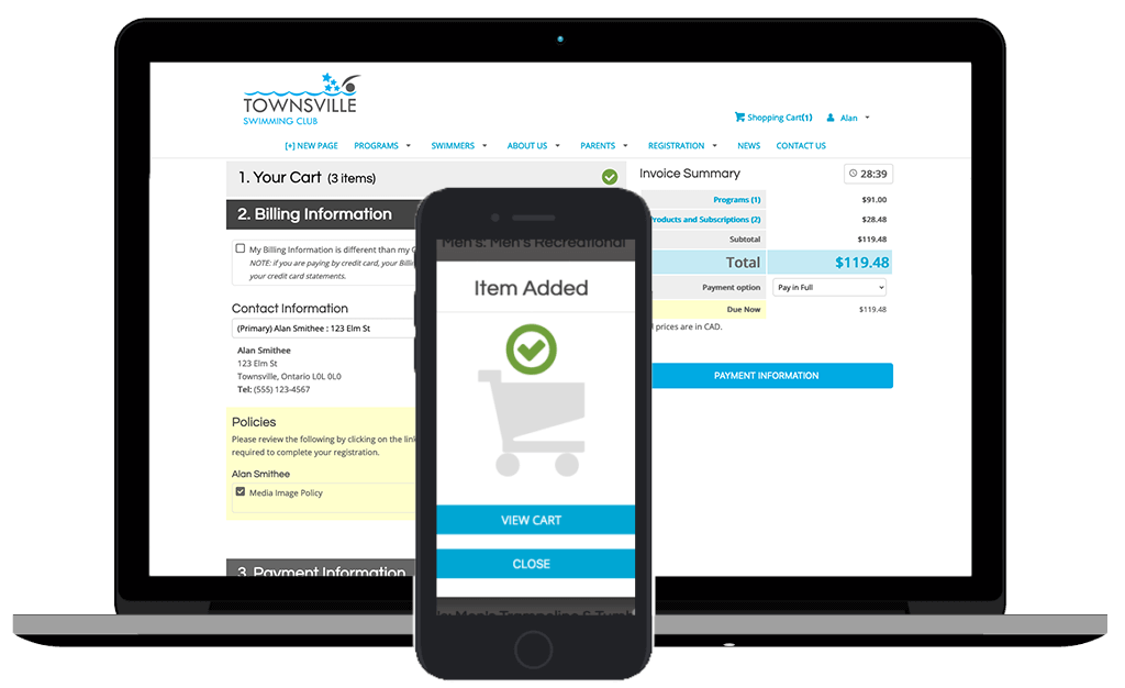 Swimming club software checkout on mobile and desktop